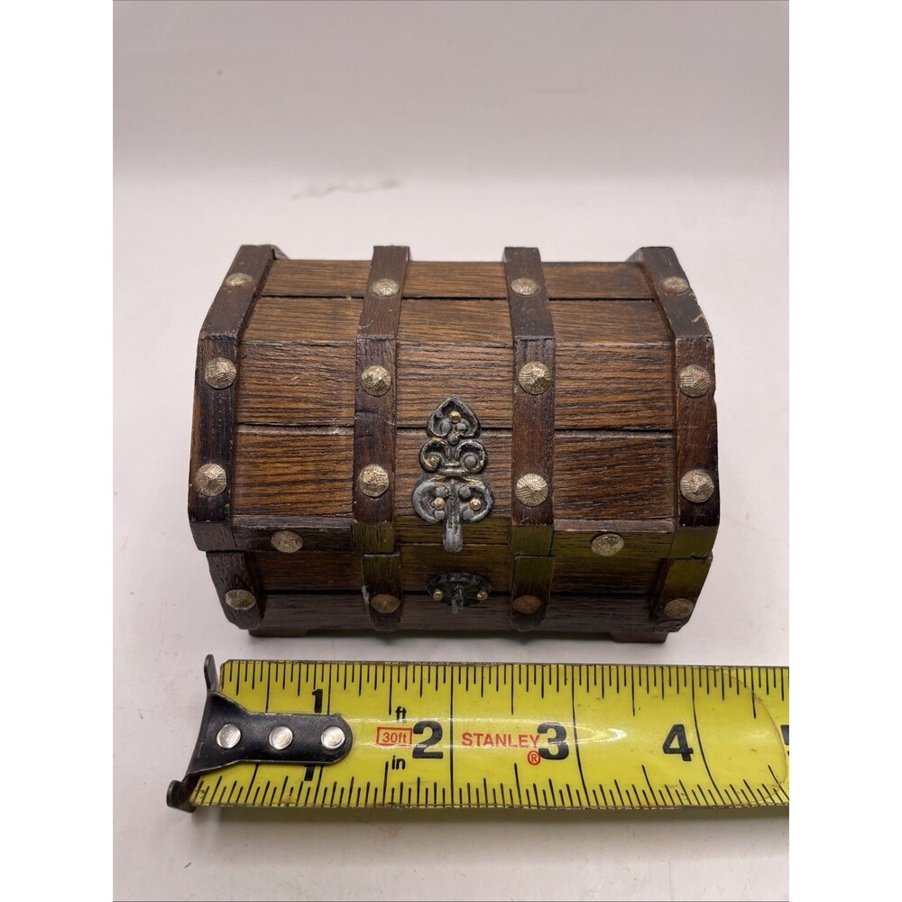 Vintage MCM Wood Miniature Pirate Chest Trunk Red Velvet Lined Jewelry Box